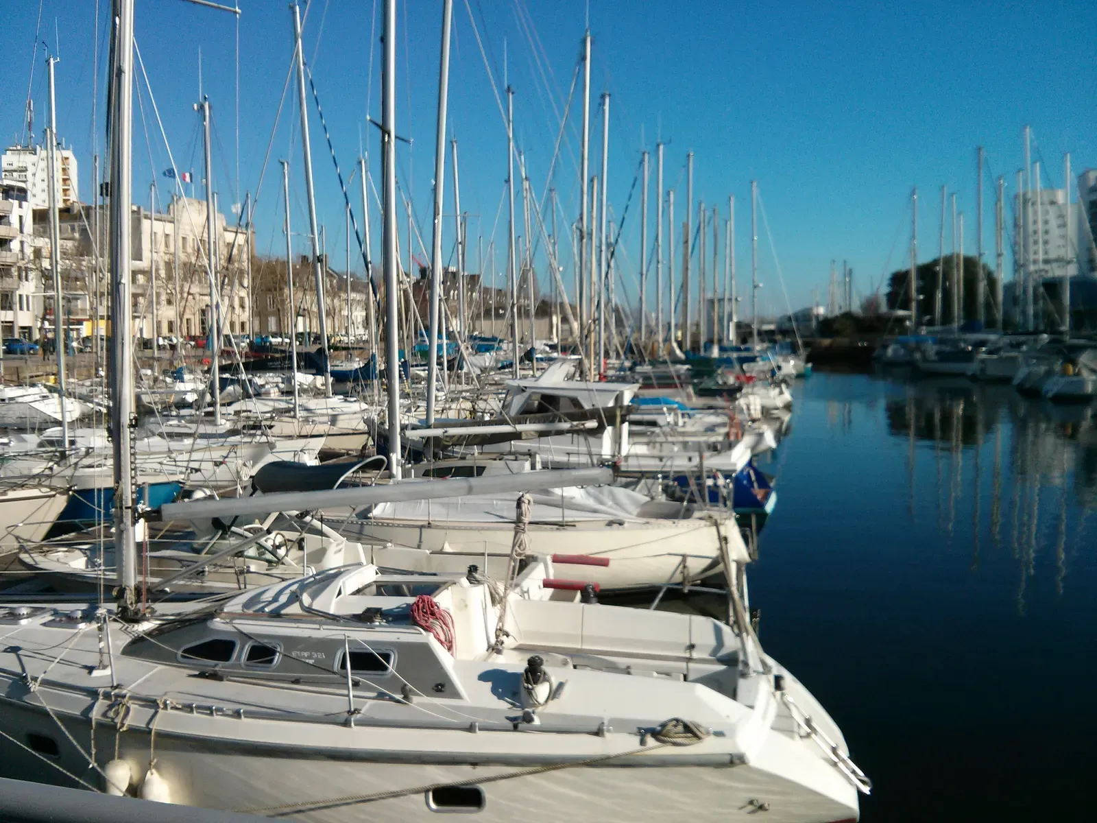 Le port de plaisance de Lorient sous le soleil, immeubles du centre-ville en arrière-plan